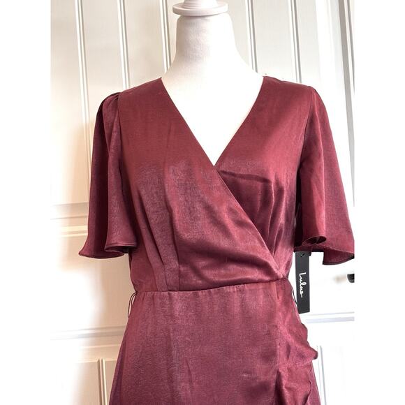 Lulu’s Faux Wrap Dress Burgandy NWT Small Bridal Shower Baby Shower Garden Party - Picture 2 of 9